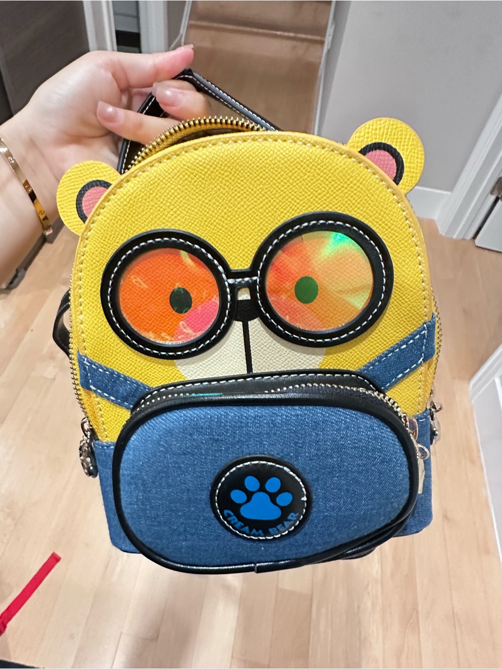 Playful Yellow & Blue Kids Bear Backpack with Sunglass Detail